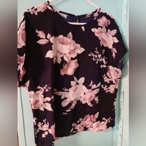 Floral Black Top With Pink Roses NWOT